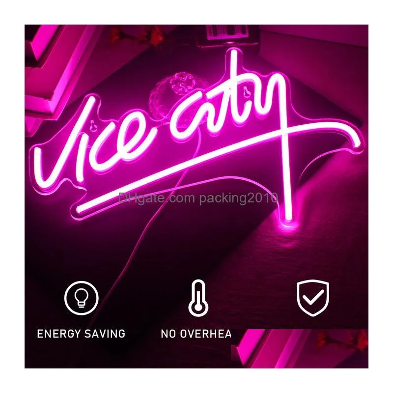 Decorative Objects & Figurines Decorative Objects Figurines Wanxing Vice City Neon Sign Pink Led Lights Bedroom Letters Game Room Bar Dhzfl
