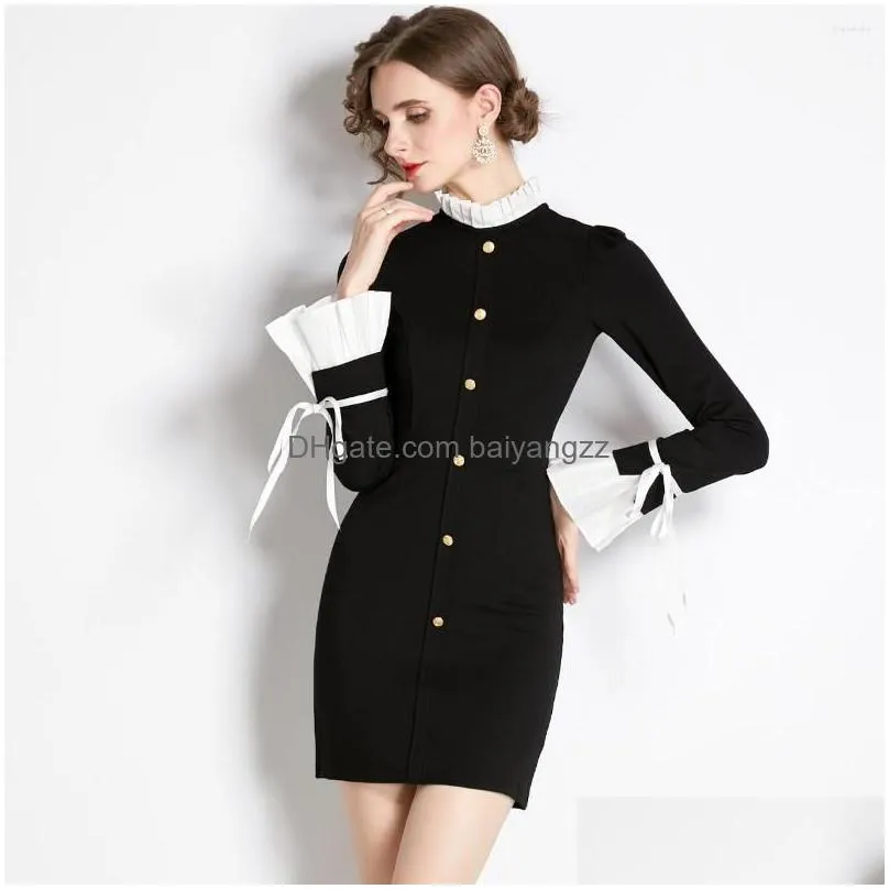 Basic & Casual Dresses Casual Dresses French Elegant Slim Stand Collar Flare Sleeve Women Splicing Work Wear Dress Professional Ladies Dhbue
