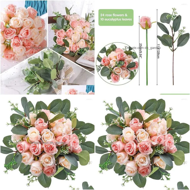 decorative flowers 34pcs artificial rose silk eucalyptus leaves stems for home/wedding/party decor