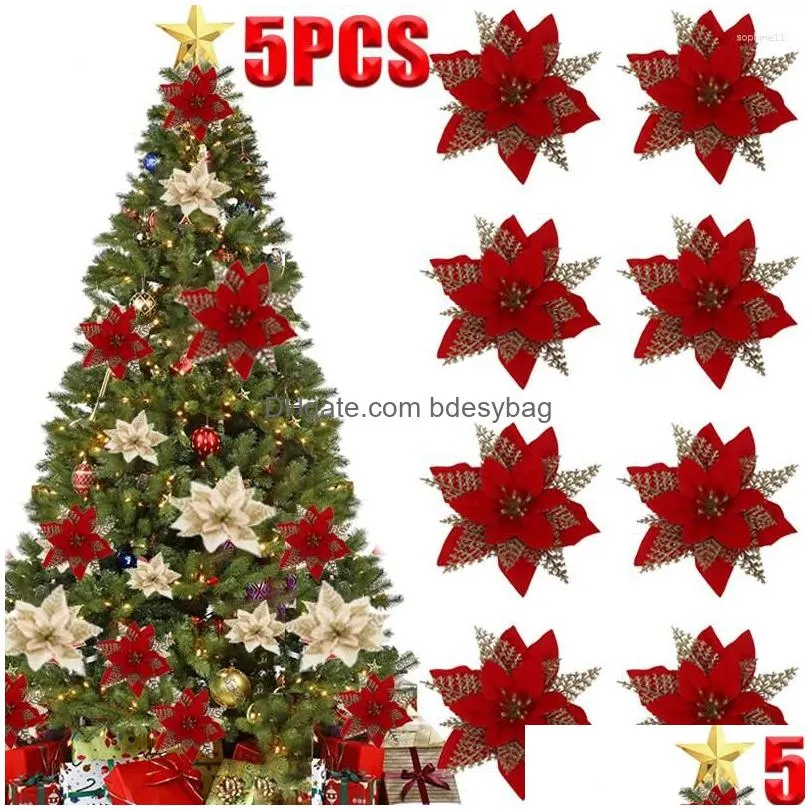 decorative flowers 5pcs christmas glitter artificial red gold xmas tree ornaments big flower heads for home year navidad party decor