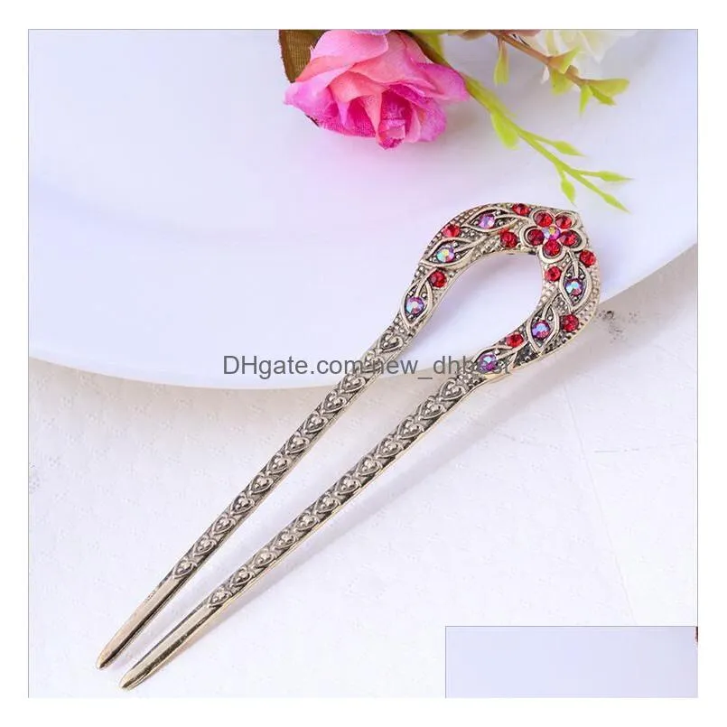 Headbands 5 Colors Vintage Hair Accessories Antique Bronze Plated Hairpins Stick Pin Women Rhinestone Flower Jewelry Drop Delivery Jew Dhbn9