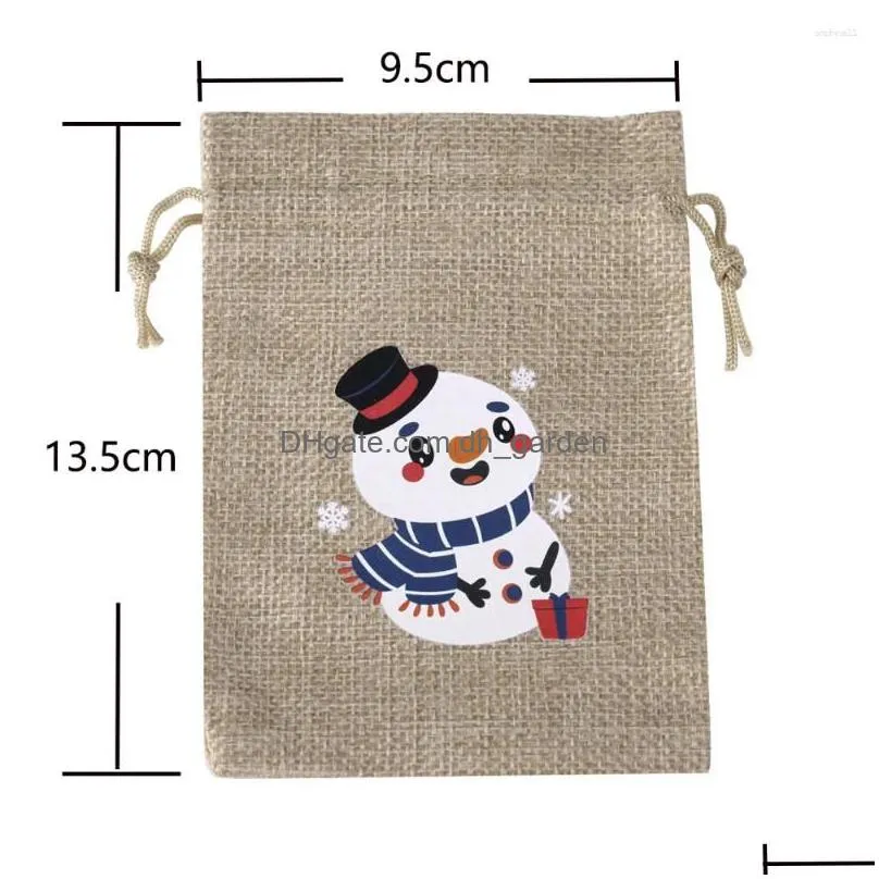 gift wrap 10pcs/lot christmas linen flax drawstring bag santa claus snowman print year party candy gifts packaging pouches