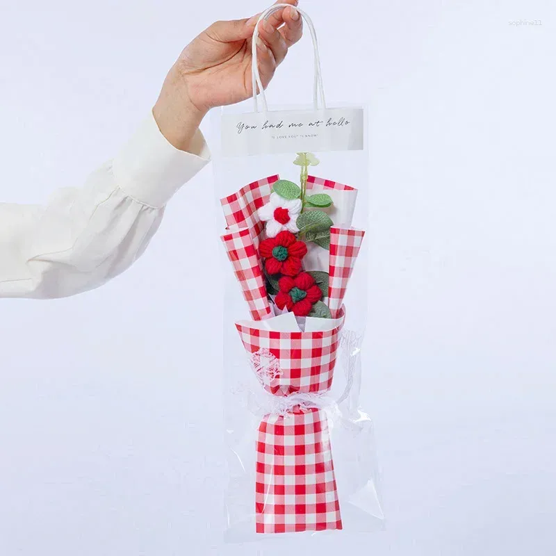 decorative flowers 1pc led light string set artificial flower milk cotton hand-knitted crochet bouquet pvc gift bag