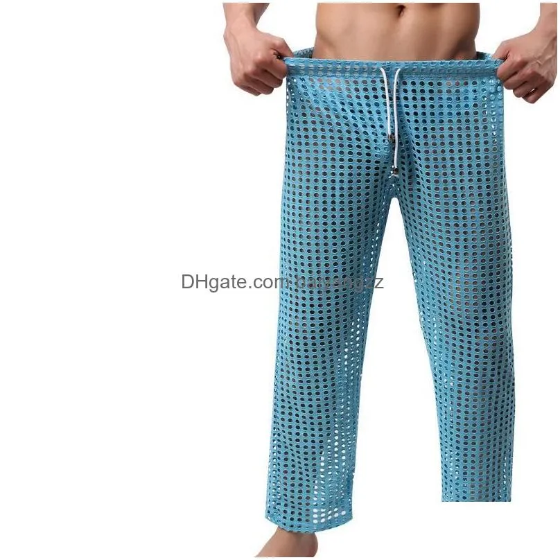Men`S Sleepwear Wholesale-Y Mens Pants Sleepwear See Through Big Mesh Lounge Pajama Bot Loose Trousers Low Rise Couples Gay Male Fetis Dhcik