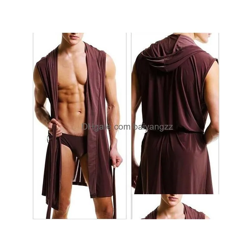 Men`S Sleepwear Wholesale-Mens Underwear Leisure Lounge Robe Hooded Y Meryl Silk Soft Gown Pajamas Robes Mens Sleep Men Bathrobe Drop Dh8I2