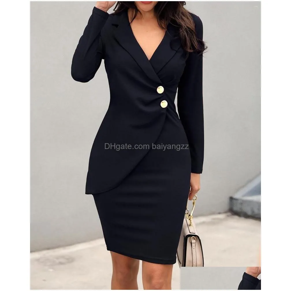 Basic & Casual Dresses Casual Dresses Spring Slim Professional Dress Women Solid Color Long Sleeve Turn Down Collar Temperament Fashio Dhqnw