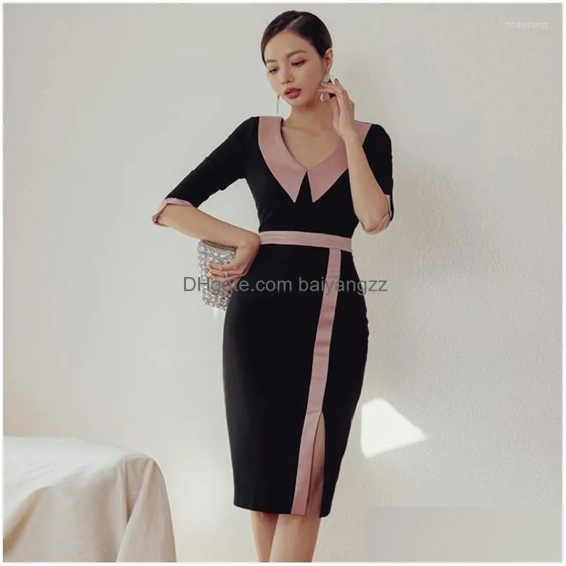 Basic & Casual Dresses Casual Dresses Arrival Fashion Korean Spring Midi Dress Women Ol Temperament Professional V-Neck Half Sleeve Sl Dh76S