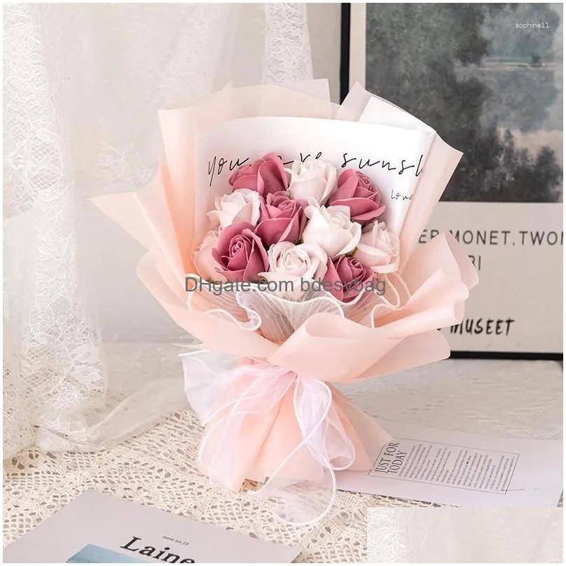 decorative flowers rose soap flower bouquet handmade artificial wedding birthday party decor mothers day gift handicrafts with wrapping