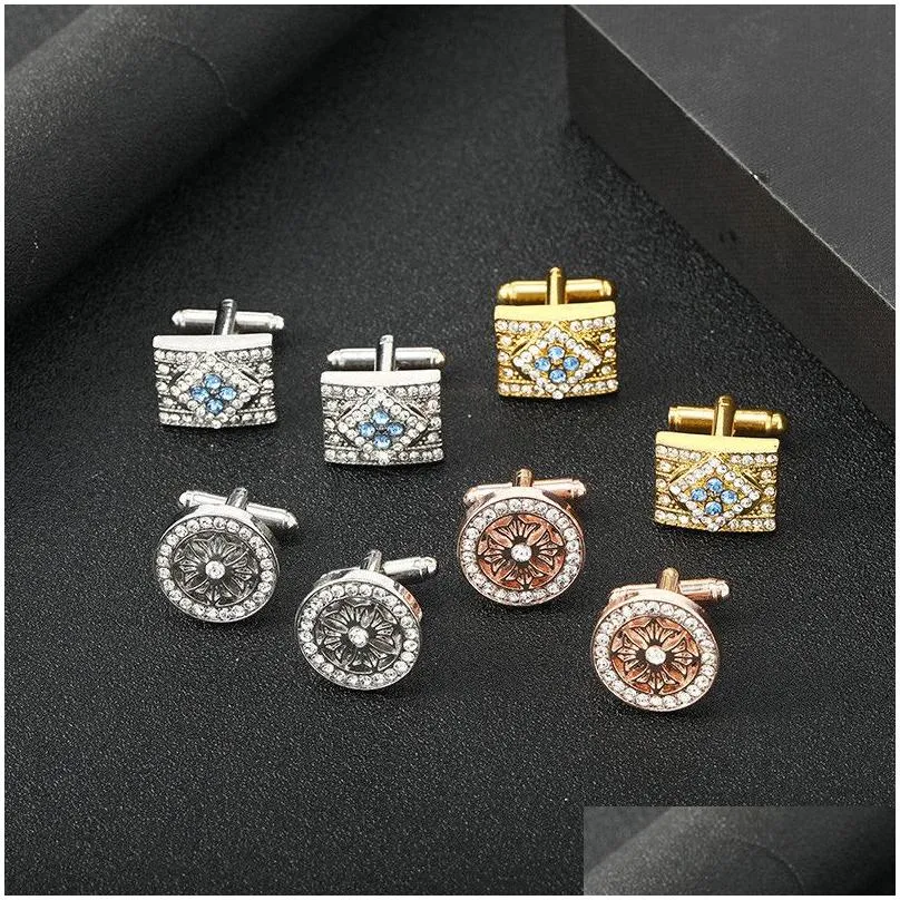 Cuff Links Fashion Crystal French Cufflink Designer Man Rhinestone Cuff Links Shell Sier Black Gold Plated Enamel Business Alloy Shirt Dh1Gq