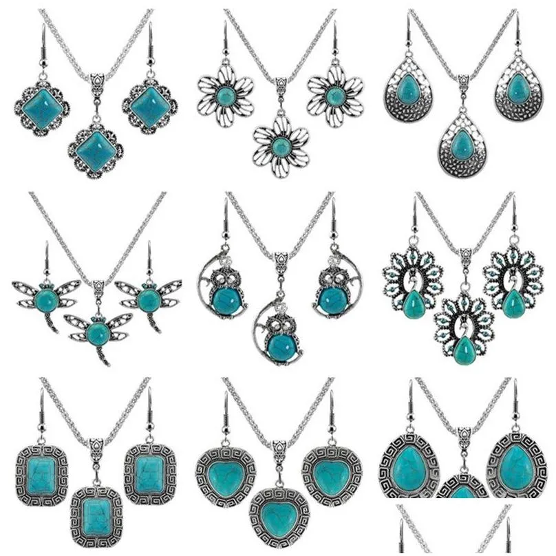 Earrings & Necklace Bohemia Jewelry Sets Heart Turquoise Pendant Earrings Necklace Designer Sier Plate Rhinestone Flowers Elephant Owl Dhuwe