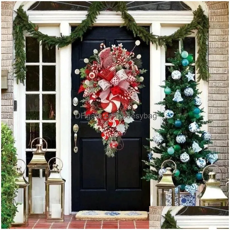 decorative flowers christmas wreath candy cane artificial window door hanging garlands rattan home decoration 2023