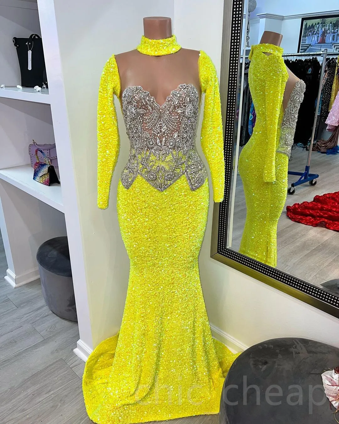 2023 Arabic Aso Ebi Yellow Mermaid Prom Dress Beaded Crystals Evening Formal Party Second Reception Birthday Engagement Gowns Dresses Robe De Soiree ZJ2044
