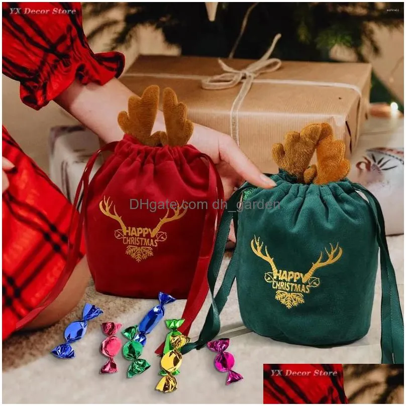 gift wrap 10/20pcs christmas bags velvet drawstring presents elk antlers reindeer packing for xmas party favor wrapping decor