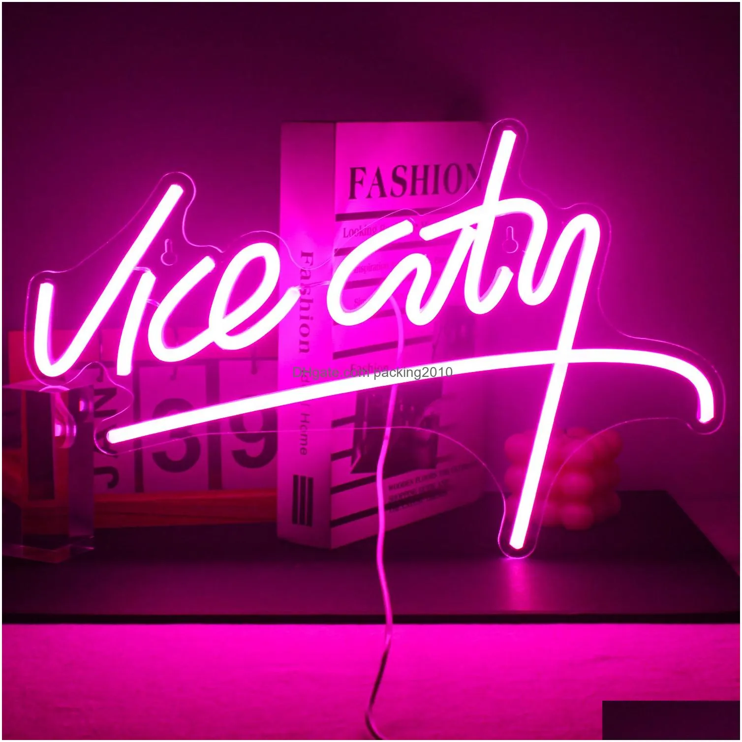 Decorative Objects & Figurines Decorative Objects Figurines Wanxing Vice City Neon Sign Pink Led Lights Bedroom Letters Game Room Bar Dhzfl