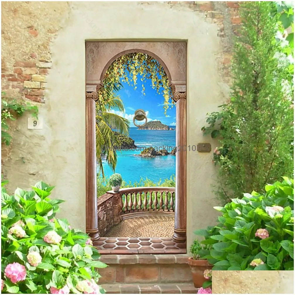 Wall Stickers Wall Stickers Green Forest Bridge Self-Adhesive Door Wallpaper 3D Pvc Home Decor Sticker Beach Sun Scenery Poster Mural Dhnbk