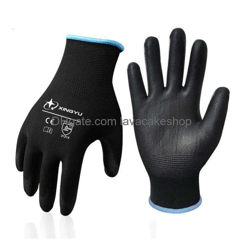 wholesale 6 pairs work gloves for ce en388 pu polyster oil-proof anti-static mechanic use waterproof