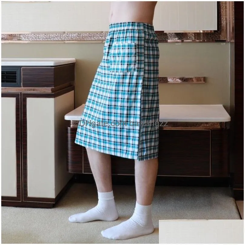 Men`S Sleepwear Cotton Men Pajamas Sleep Bot Man Plaid Short Pants Bathrobe Cottes Male Side Split Pocket Dress Nightdress Drop Delive Dhlzd