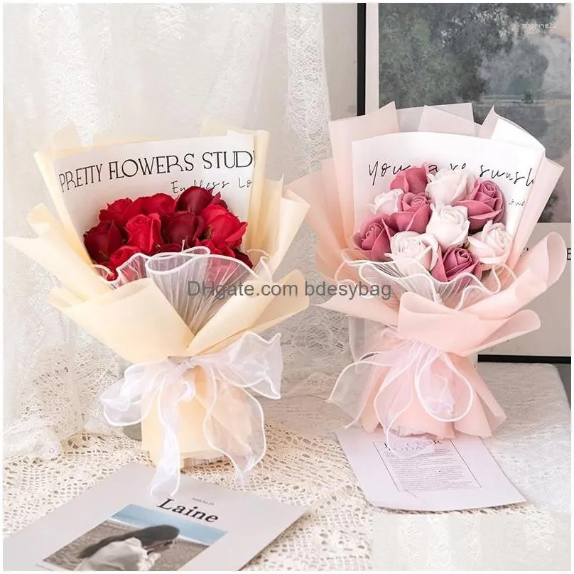 decorative flowers rose soap flower bouquet handmade artificial wedding birthday party decor mothers day gift handicrafts with wrapping