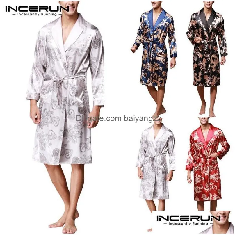 Men`S Sleepwear Stylish Mens Robe Long Sleeves Bathrobe Silk Kimono Lucky Dragon Print Pajamas Night Dressing Gown Mascina Homewear1 D Dhho3