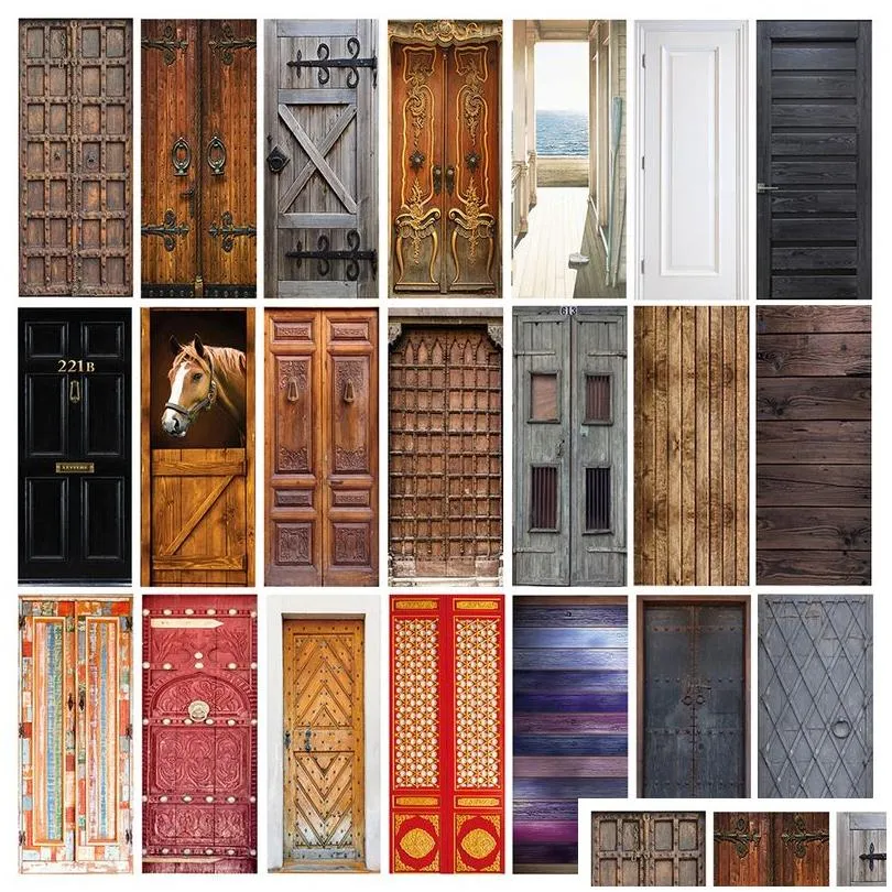 Wall Stickers Self Adhesive 3D Door Stickers Waterproof For Bedroom Living Room Retro Wooden Wallpaper Home Decor Art Mural Poster 220 Dhsob