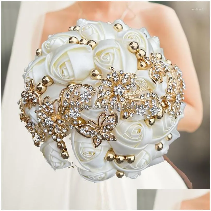 decorative flowers high quality whhite silk bouquet butterfly silver diamond wedding bridal romantic mariage