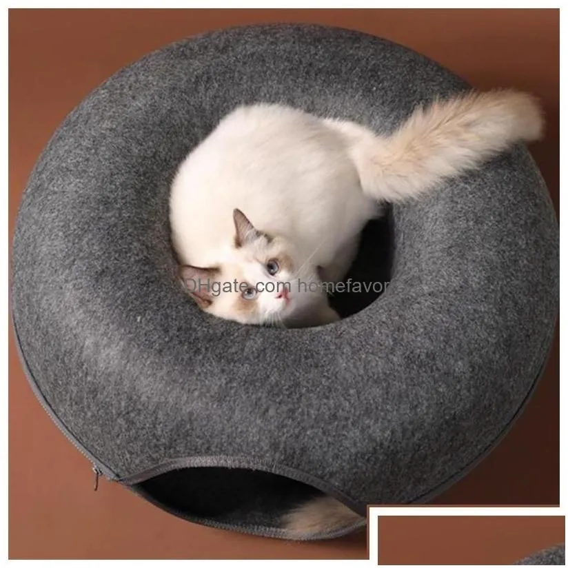 Cat Toys Cat Toys Donut Tunnel Bed Pets House Natural Felt Pet Cave Round Wool For Small Dogs Interactive Play Toycat Drop Delivery Ho Dhjsg