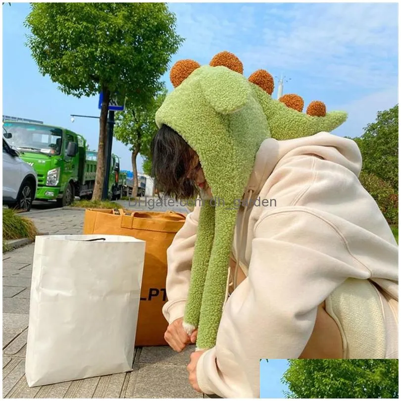 Berets Berets Cartoon Dinosaur Womens Hat Beanie Winter Plush Moving Ears Earflaps Movable Toy For Women Drop Delivery Fashi Dhgarden Dhkfz