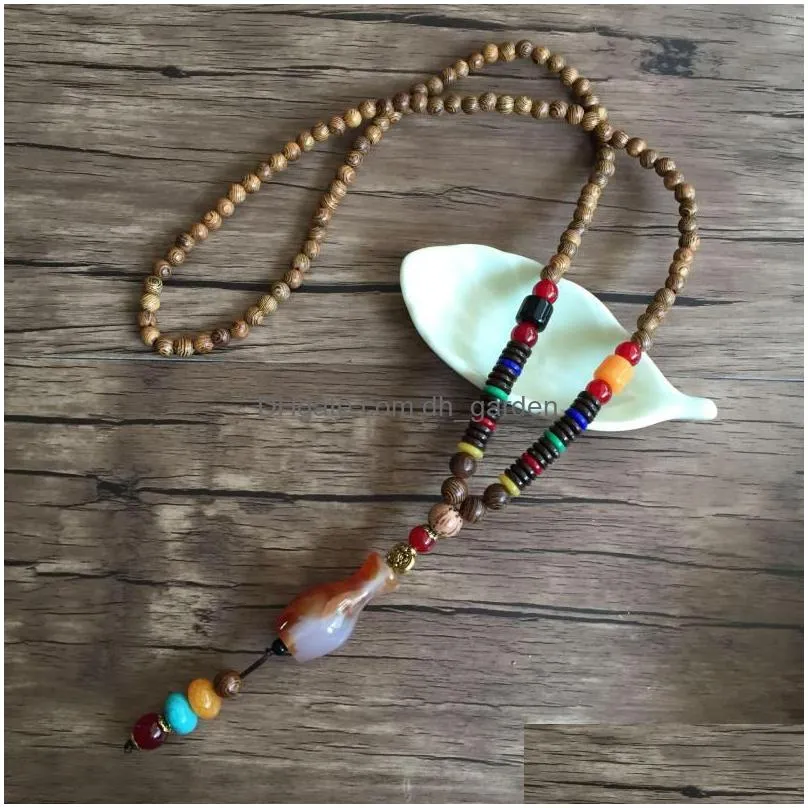 Pendant Necklaces Pendant Necklaces 2023 Handmade Nepal Necklace Buddhist Mala Wood Beads Ethnic Horn Fish Long Statement Je Dhgarden Dh1Rc