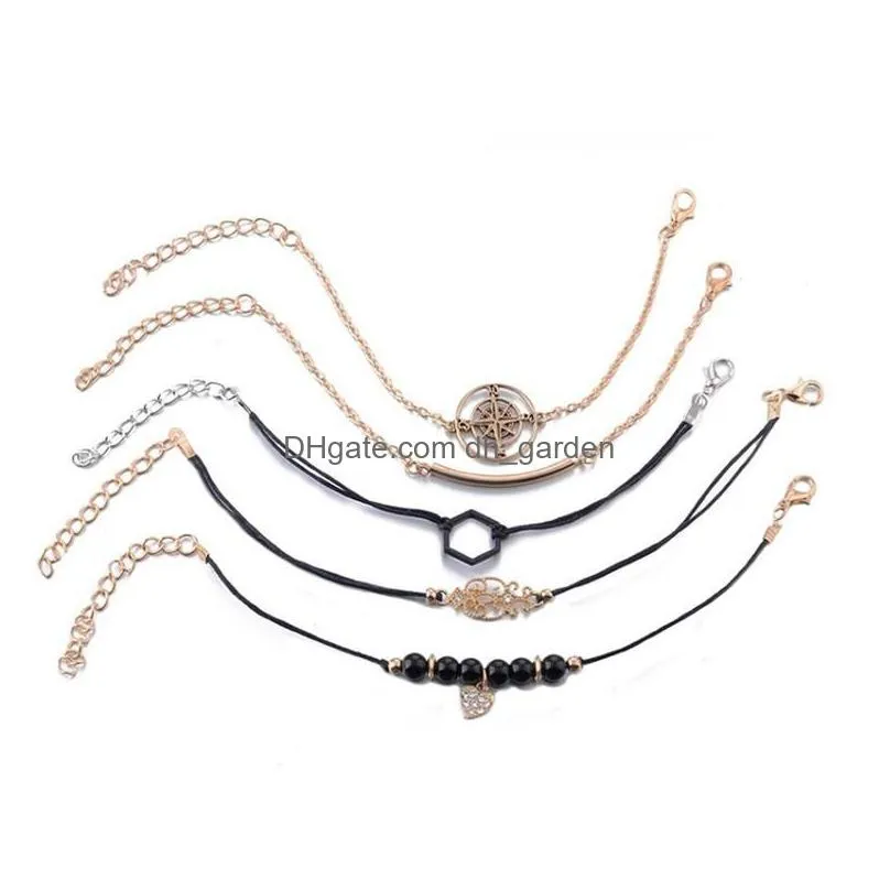 Chain Link Chain 5Pcs/Set Bohemian Black Rope Gold Color Compass Leaf Crystal Zircon Bracelet Set For Women Punk Boho Beach Dhgarden Dhe4W