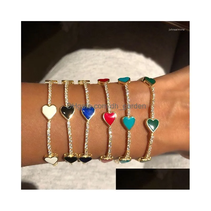 Bangle Bangle Cute Lovely Enamel Heart Charm Cz Tennis Chain Bracelet For Lover Women Fashion Jewelry 15 4Cm Extend Drop Del Dhgarden Dheps