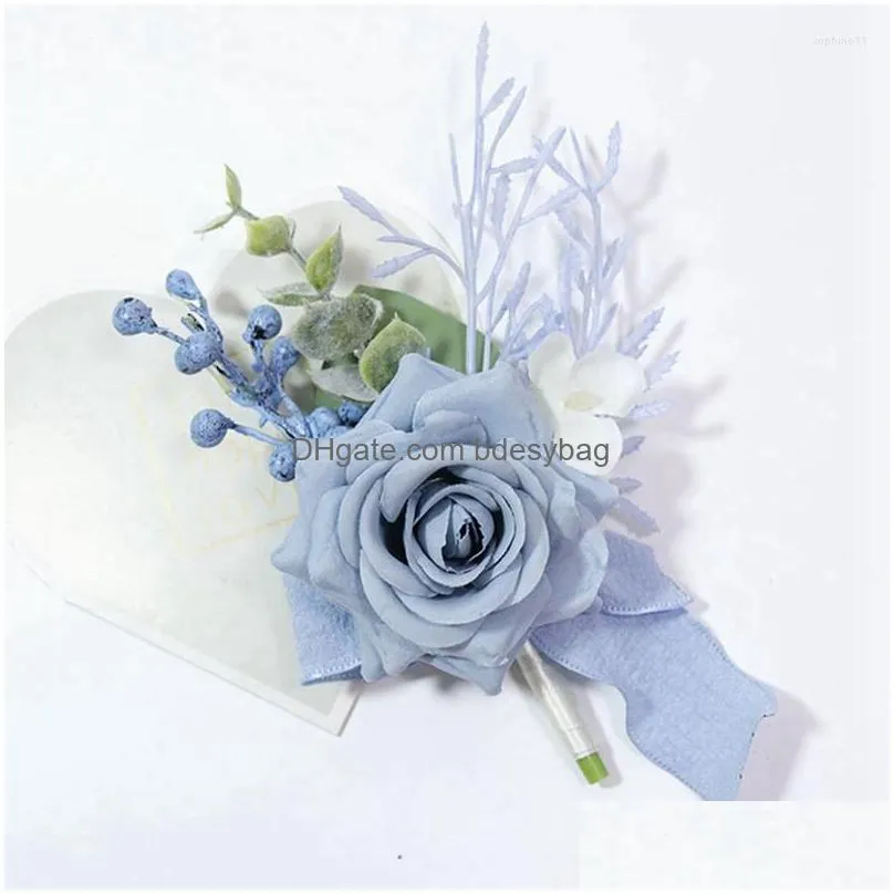 Decorative Flowers & Wreaths Decorative Flowers 4 Pcs Dusty Blue Cor And Boutonniere Set Accessories Wrist Flower Drop Delivery Home G Dhdij