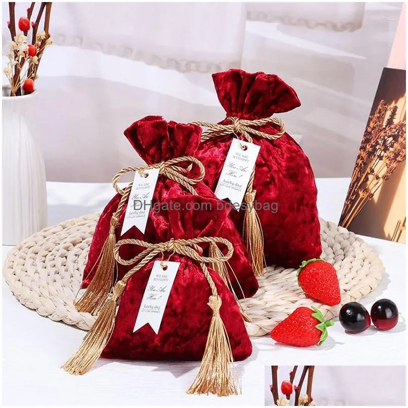 Gift Wrap Gift Wrap Fashion Veet Fabric Candy Bags Foldable Portable Dust Protect Dstring Tassel Pouches Wedding Party Jewelry Bag Dro Dh54D