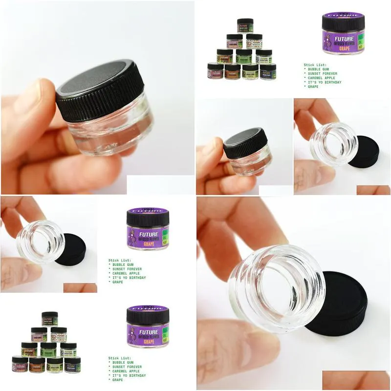 wholesale future 2020 1g glass jar and 5 option customized stickers label empty 5ml flower smell proof packaging jar bubble gum sunset