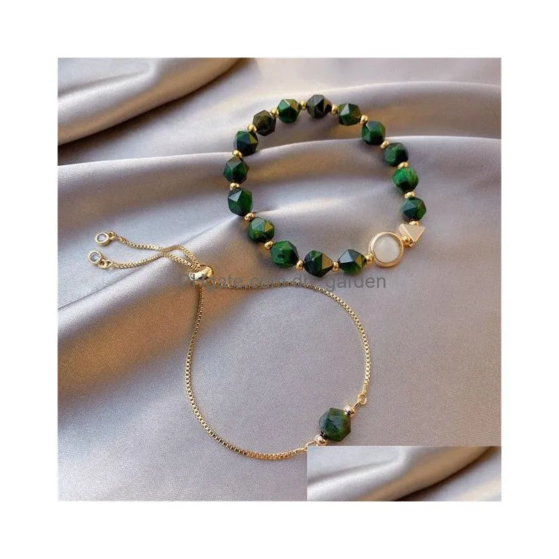 Chain Link Bracelets 2Pcs/Set Adjustable Light Luxury Green Gem Stone Bracelet Female Korean Version Simple Personality Nich Dhgarden Dh8Of