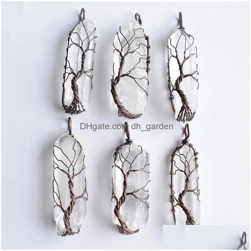 Pendant Necklaces Pendant Necklaces Natural White Crystal Pillar Pendants Handmade Antique Copper Wire Wrapped Tree Of Life Dhgarden Dhnen