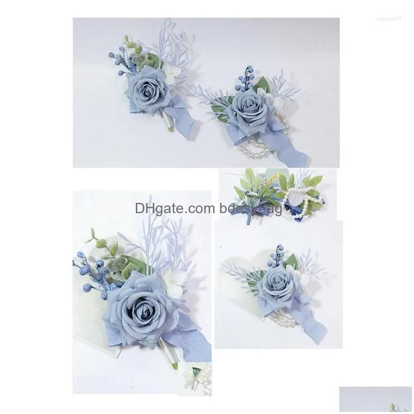 Decorative Flowers & Wreaths Decorative Flowers 4 Pcs Dusty Blue Cor And Boutonniere Set Accessories Wrist Flower Drop Delivery Home G Dhdij