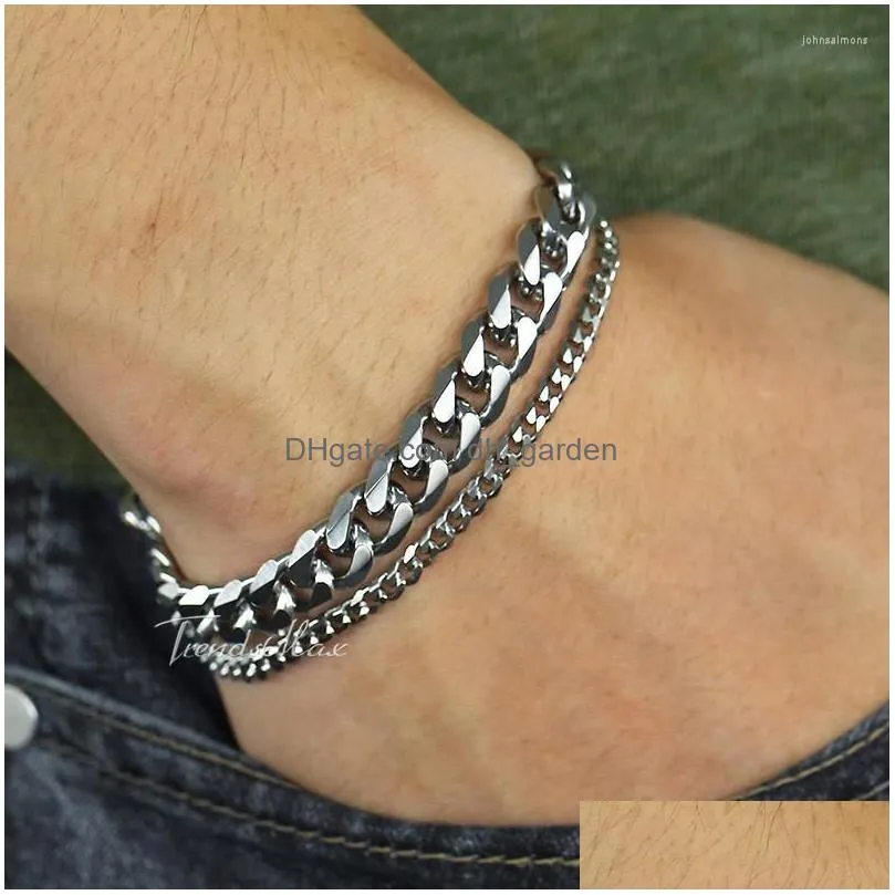Chain Link Bracelets Mens Stainless Steel Bracelet 2022 Double Curb Cuban Chain For Male Jewelry Fashion Gifts Wholesale 8/9 Dhgarden Dhphv