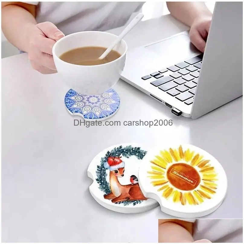 ups sublimation ceramic car coaster cups mat pad thermal bumpers blank white heat transfer absorb water cup coasters with finger notch easy removal holder