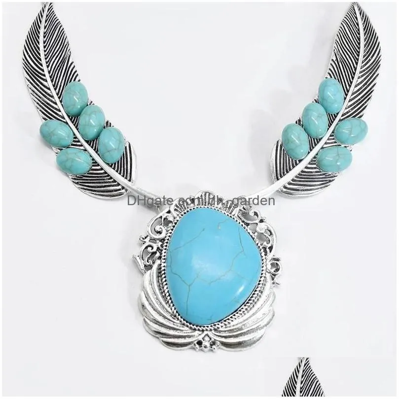 Pendant Necklaces Pendant Necklaces Boho Ethnic Big Blue Stone Choker For Women Afghan Leaf Feather Pendants Jewelry Vintage Dhgarden Dhysg