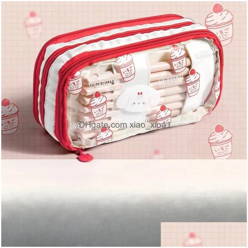 wholesale transparent double-layer pen box pencil case stationery bag with cute pattern simple ins style large capacity high fashion