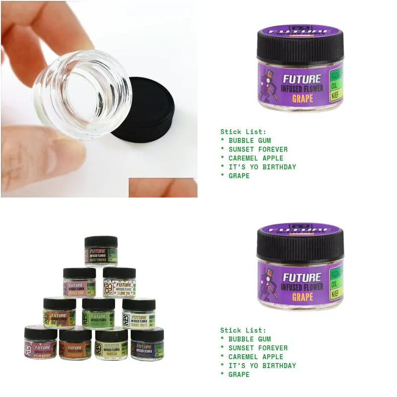 wholesale future 2020 1g glass jar and 5 option customized stickers label empty 5ml flower smell proof packaging jar bubble gum sunset