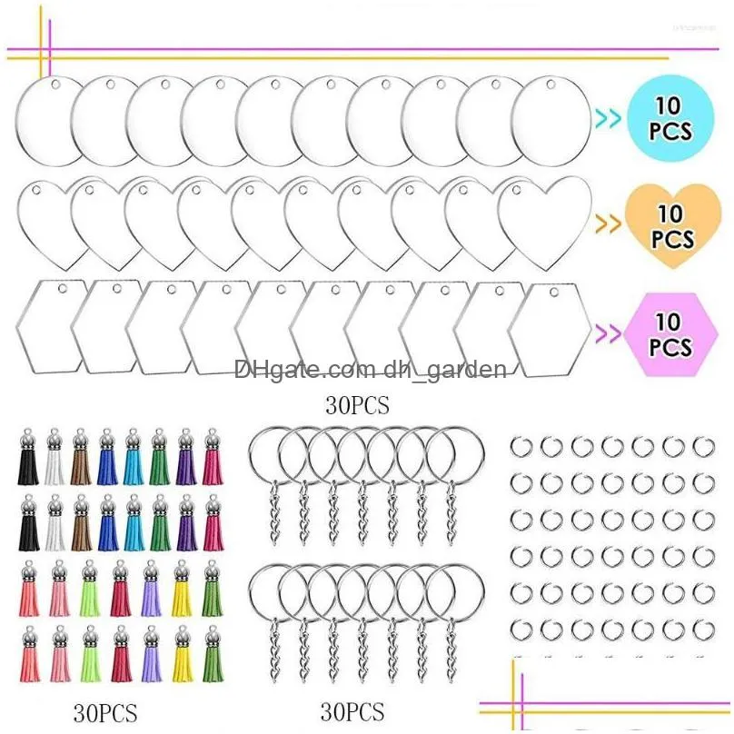 Keychains & Lanyards Keychains 120Pcs Acrylic Keychain Blanks Kit With Colorf Tassels For Metal Decoration Keyrings Transpar Dhgarden Dhdh3
