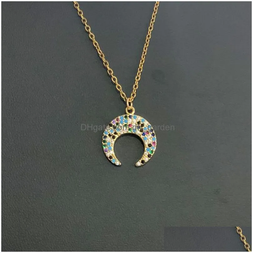 Pendant Necklaces Pendant Necklaces Vintage Shinning Micro Pave Cz Moon Horns Charm Necklace Gold Color Stainless Steel Chai Dhgarden Dhksv