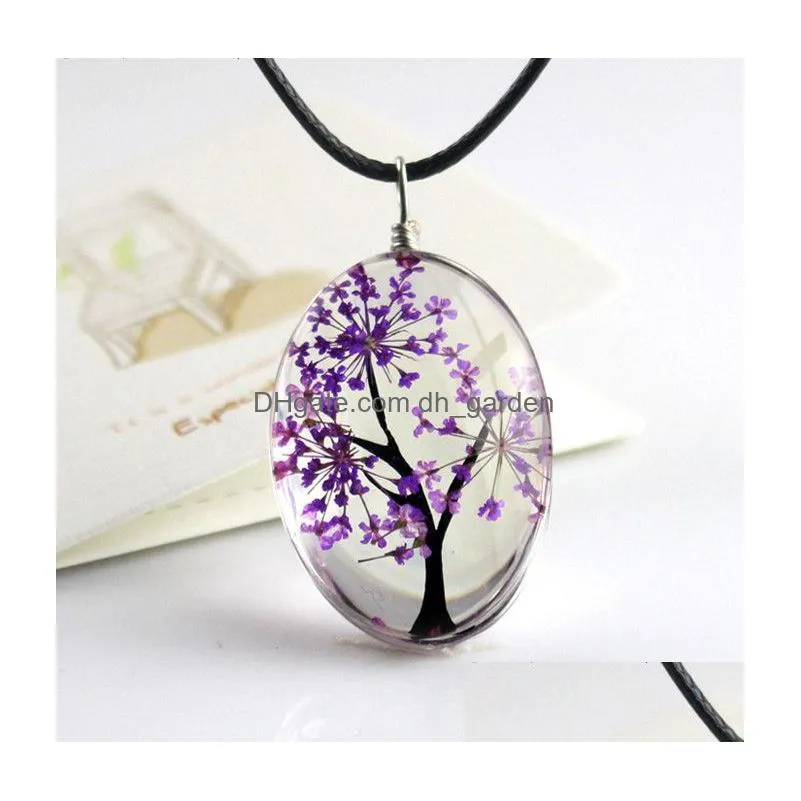 Pendant Necklaces Pendant Necklaces Fashion Dried Flower Glass Ball Necklace Leather Chain Boho Long Natural Stone Summer Je Dhgarden Dhb8G