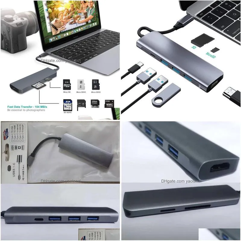 multifunctional 7 in 1 usb-c hub usb3.0 2xusb2.0 hdtv sd tf card reader pd charging for macbook tablet