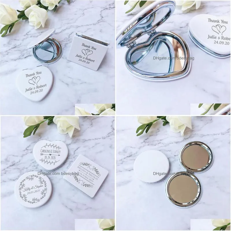 Party Favor Party Favor 100Pcs Personalized Compact Makeup Mirror Wedding Gift For Guest Customized White Leather Cosmetic Purse Souve Dhr2I