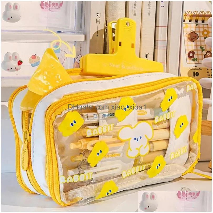 wholesale transparent double-layer pen box pencil case stationery bag with cute pattern simple ins style large capacity high fashion