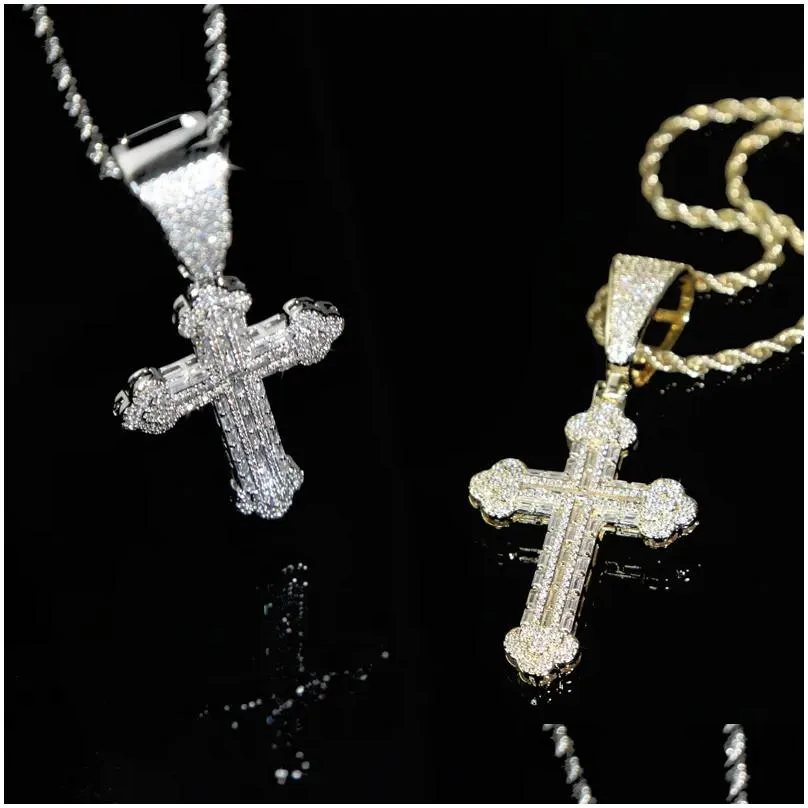 Pendant Necklaces Iced Out Cross Pendant Tennis Chain Necklace For Men With Gold Color Rope Link Necklaces Hip Hop Jewelry Gift Drop D Dhk9V