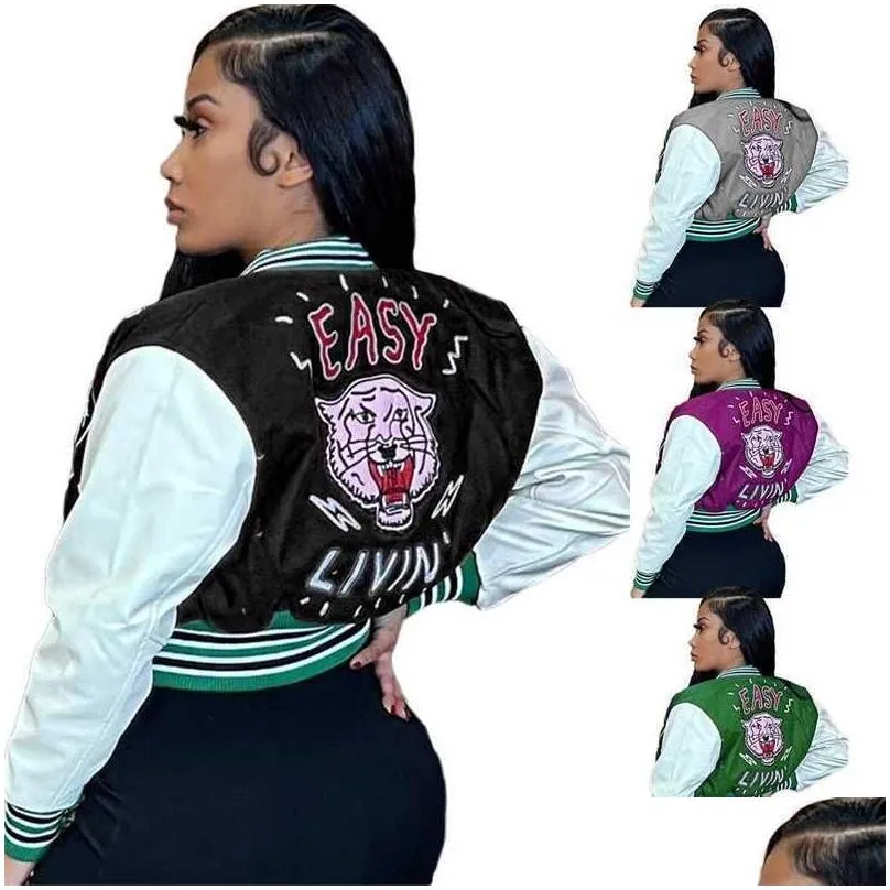 Women`S Jackets Womens Fashion Letter Print Double Threaded Baseball Jacket Varsity Coat Desinger Women Cropped Work Button Letterman Dhqfc