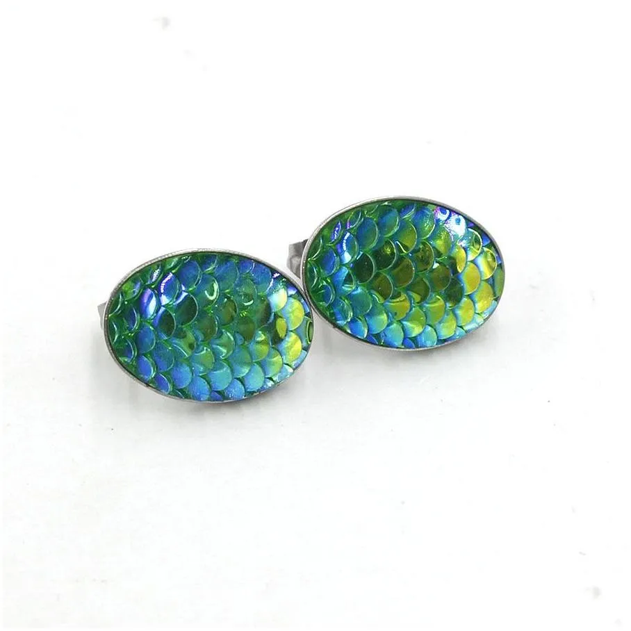 13x18mm oval mermaid fish scale stud earrings stainless steel earings drusy druzy earrings jewelry women party gift dress candy colors